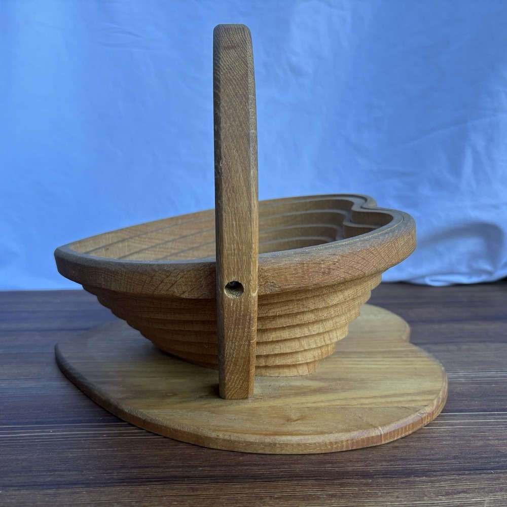 Folding Wood Heart Basket Accordion Collapsible Bowl Trivet Fruit Bread - Picture 5 of 11